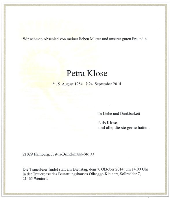 Todesanzeige Petra Klose